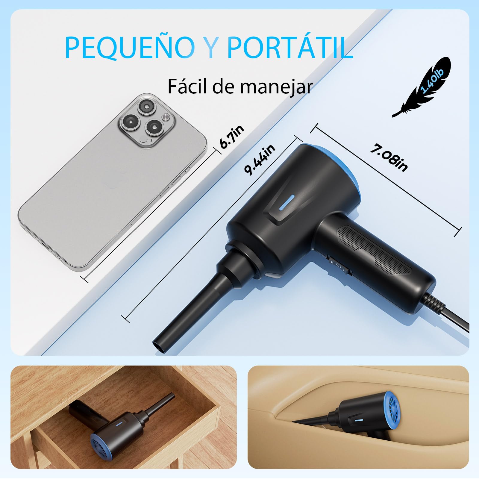 Soplador de Polvo Eléctrico - Aire Comprimido Limpieza PC，Potente 2 Velocidades 5.74oz - para - Ordenador - Coche -Sofá