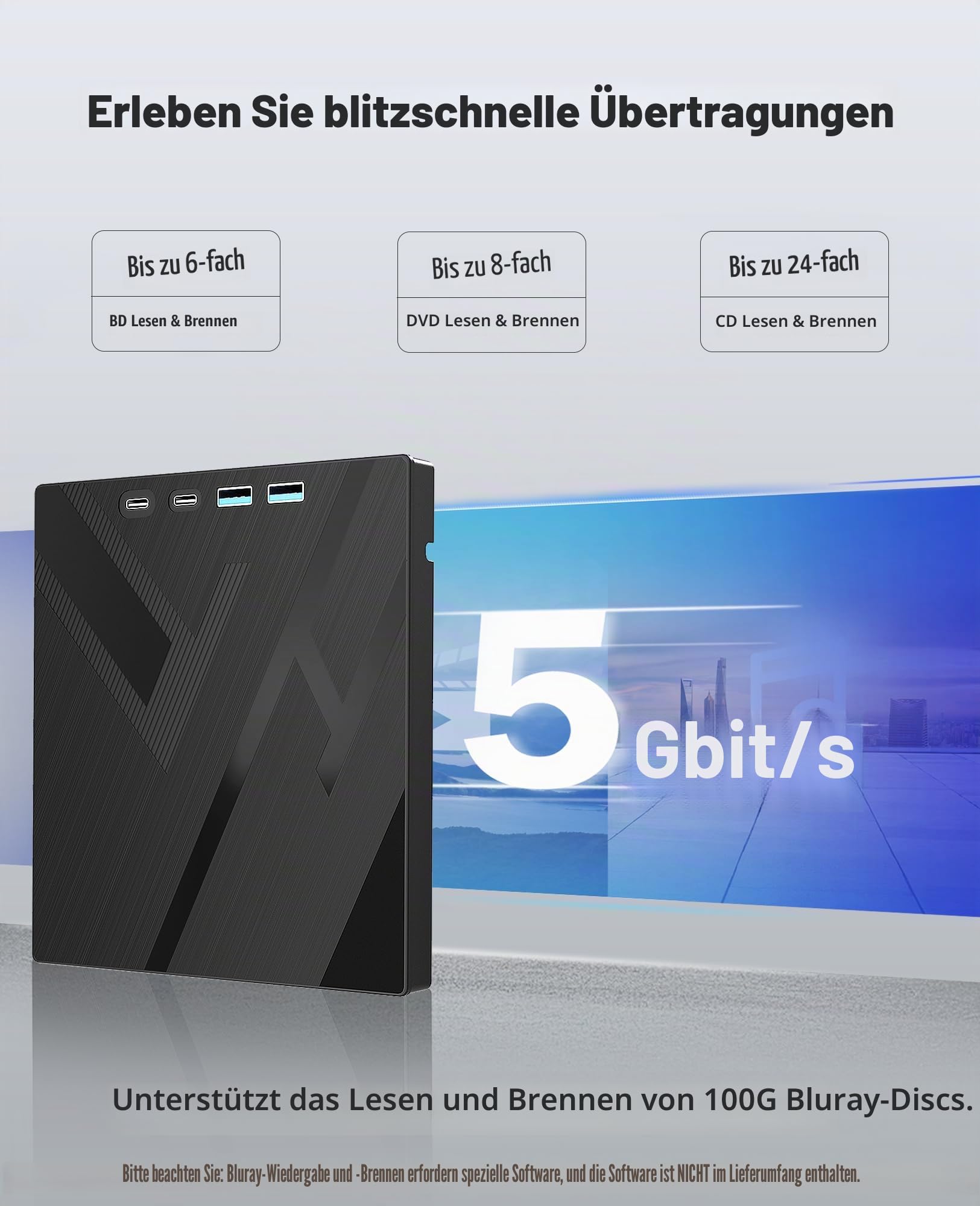 7-in-1 Externes Blu-ray-Laufwerk, USB 3.0 Typ-C Optischer externer Bluray/DVD-Laufwerk Brenner mit SD/TF-Anschluss, unterstützt 100G Disc R/W für PC, kompatibel mit Windows XP/7/8/10/11, Mac, Laptop,