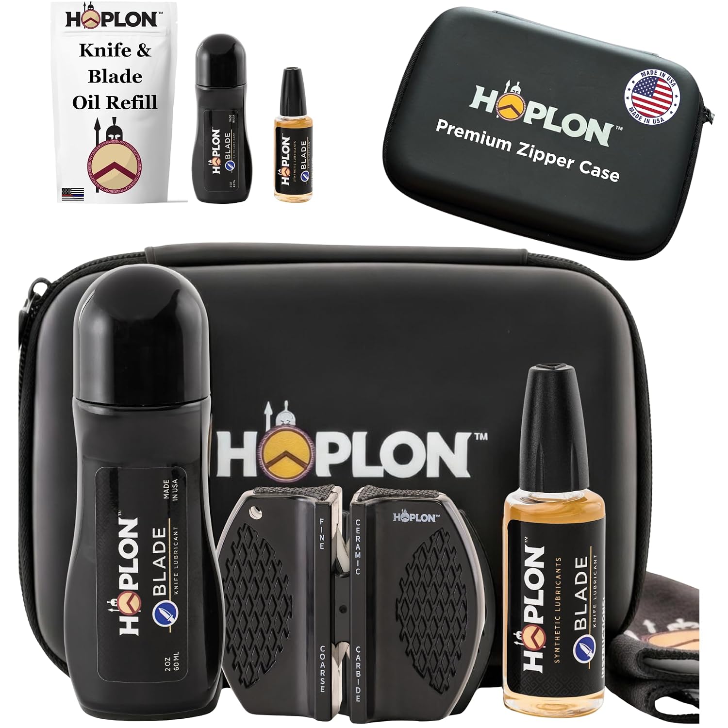 HOPLON Blade Premium Knife Care Kit + Extra Oil – Full 6oz of 100% Synthetic Knife Oil, Smooth Easy-Opening Folding Knives – Dauber & Needle Applicators, Sharpener, Towel, Case – Aceite para Cuchillos