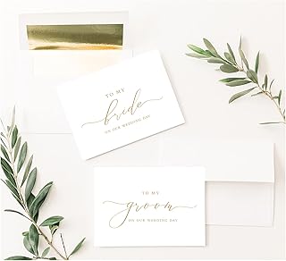 To My Bride To My Groom On Our Wedding Day Card 4x5.5 Folded White Card with Gold Caligraphy with Gold Foil Lined Envelopes 2 Card Set Vow Cards Elegant Minimalist Style Wedding Cards