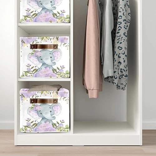 Miniatura 5 de Contenedor de almacenamiento personalizado de elefante floral morado con nombre, impermeable, organizador de lona con asas, para cestas de regalo,