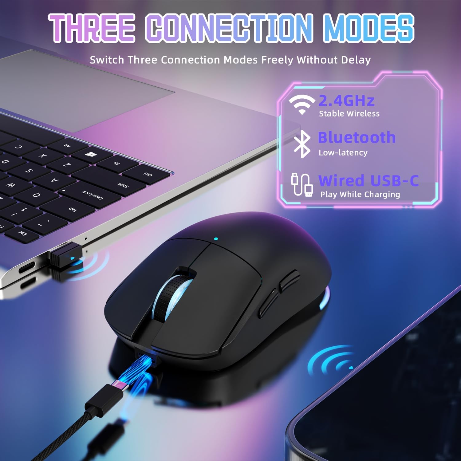 MAGIC-REFINER G6 Wireless Gaming Mouse,24000 DPI Adjustable,72g Lightweight Mouse,1000Hz Polling Rate,Tir-Mode BT/2.4G/ Wired Gaming Mouse,750mAh Battery,with Grip Tape for Gamer/Office/PC/Mac,Black