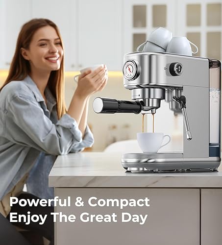 Miniatura 8 de Máquina de café expreso con espumador de leche, 20 bares de alta presión profesional, máquina de café automática, compacta de acero inoxidable para