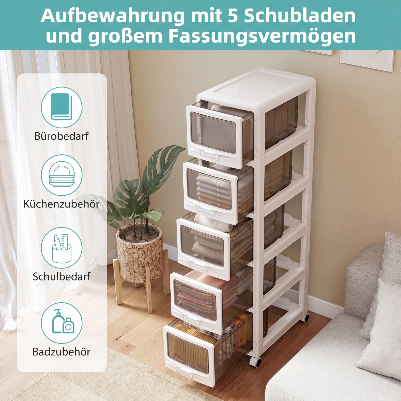 COSTWAY Nischenschrank mit Rollen, Nischenwagen mit 5 Schubladen | 30 cm breite Nischenregal, schmaler Aufbewahrungswagen, Badrollwagen für Bad, Schlafzimmer, Weiß