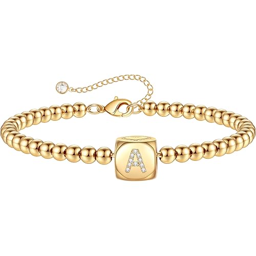 Yoosteel Initial Bead Bracelets for Women Girls, 14K Gold/WHite Gold/Rose Gold Plated Handmade Letter Bead Bracelet Personalized Initial Bracelets for Women Teen Girls Little Girls Jewelry Gifts