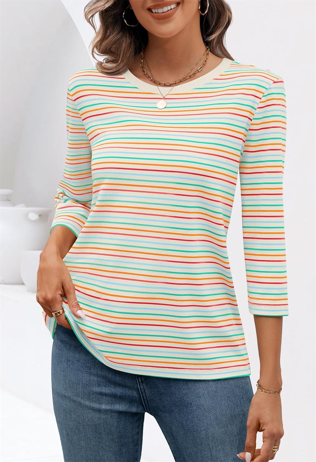 MEROKEETY Women's 2025 Casual 3/4 Sleeve Tops Blouse Crewneck Colorful Striped Fall Loose Shirt - Image 3