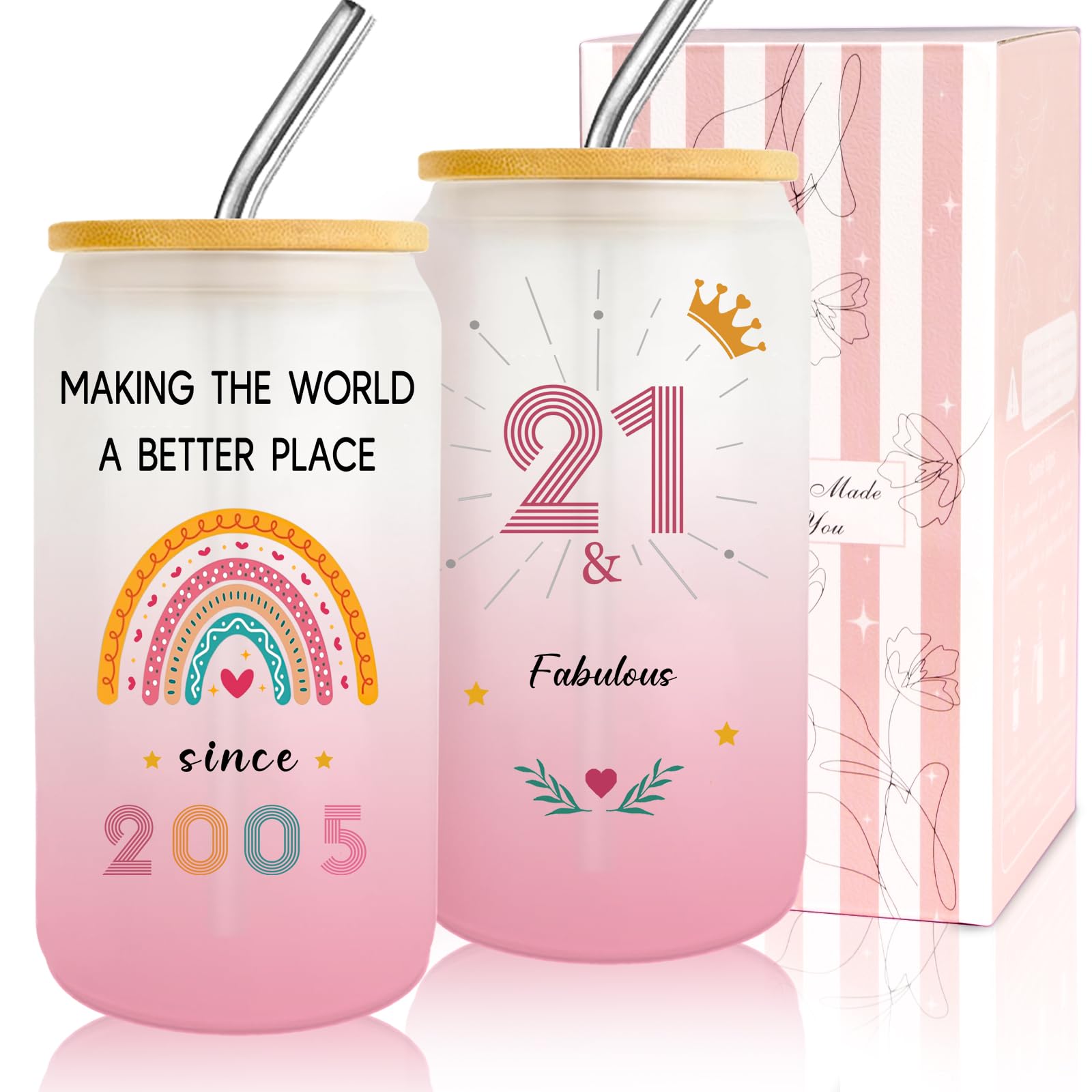 Zyphoria 21 Year Old Girl Gift,21th Birthday Gifts for Girls,Happy 21th Birthday Glass Cup with Lid and Straw Gift Ideas, Gifts for 21 Year Old Girls,21th Birthday Decorations for Daughter,Sister-1pc