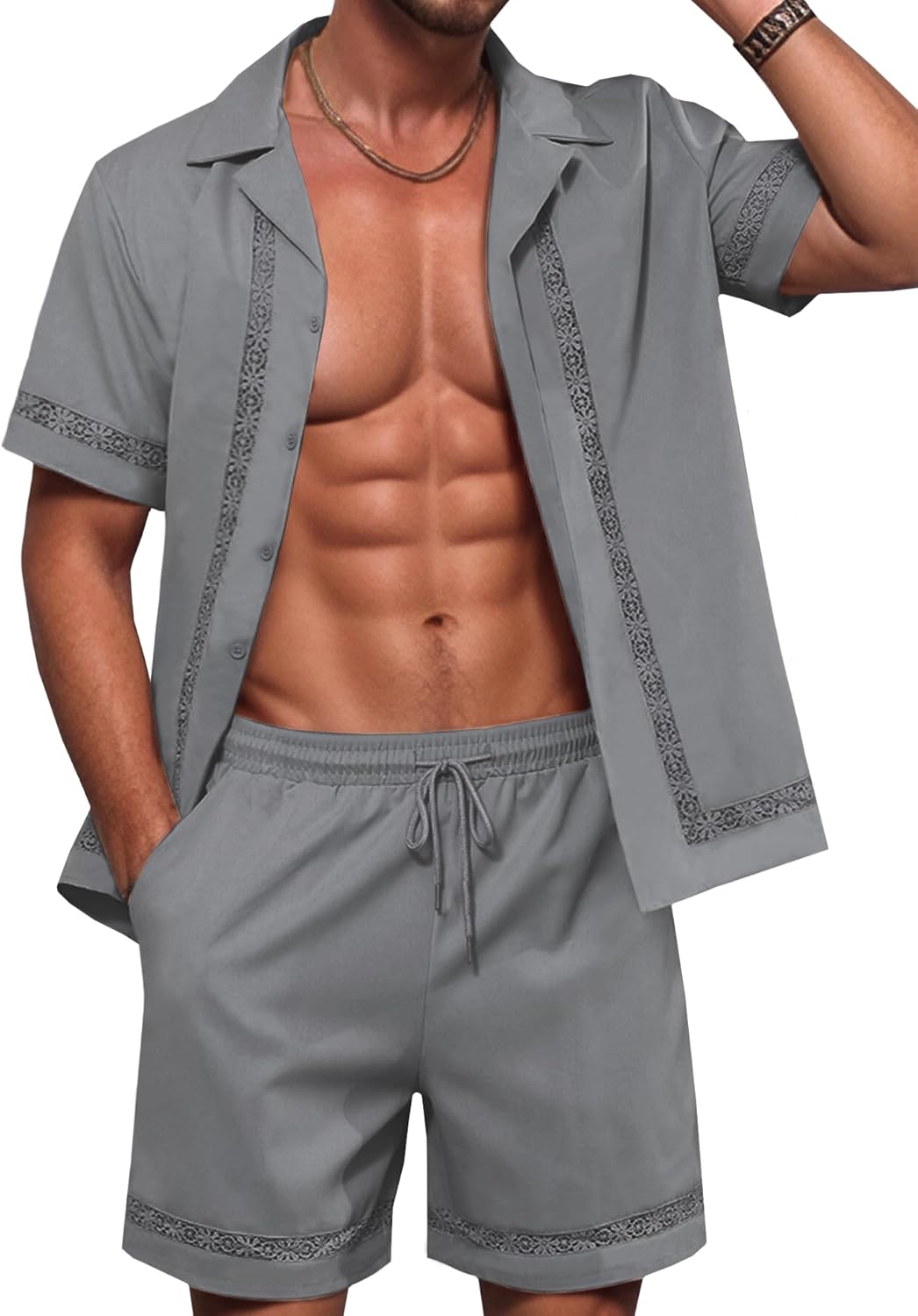 ZSJR Mens 2 Pieces Linen Set Short Sleeve Shirt and Shorts Resort Wear Summer Vacation Beach Yoga Matching Outfits