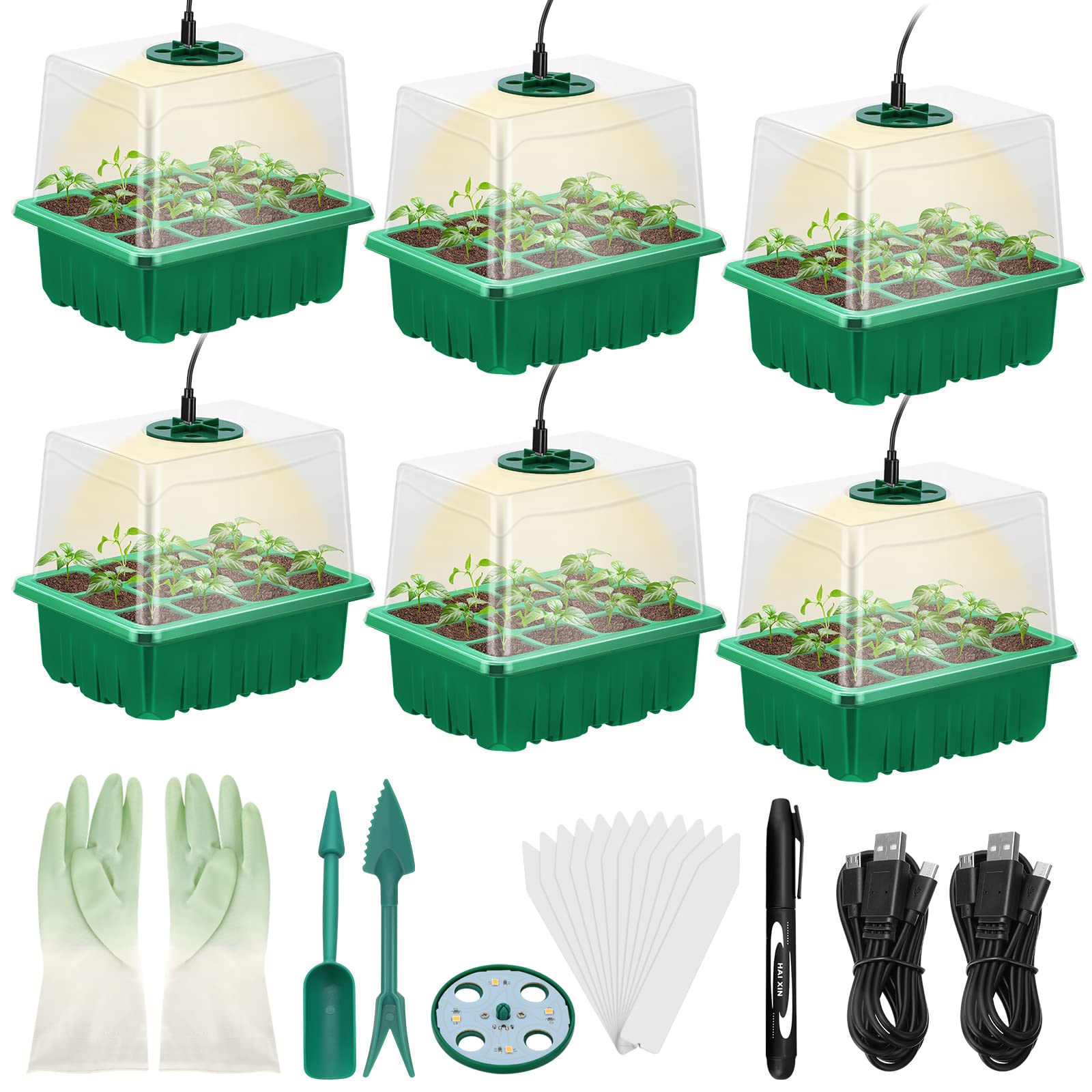 Lunies 6 Packs Seed Starter Tray with Grow Light, Indoor Greenhouse Seeding Starter Trays for Planting, Base Gardening Plant Germination Kit, Seed Starter Kit with Humidity Domes, (12 Cells per Tray)