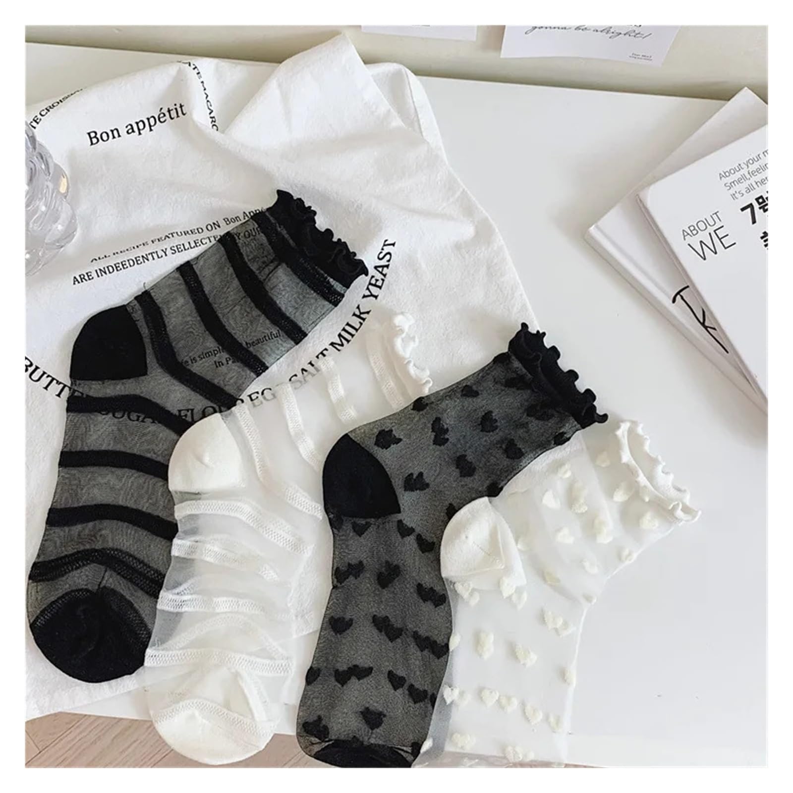 Medias Cortas Mujer 3 pares de calcetines finos verano for mujer y niña, encaje, con volantes estampado corazón, malla transparente