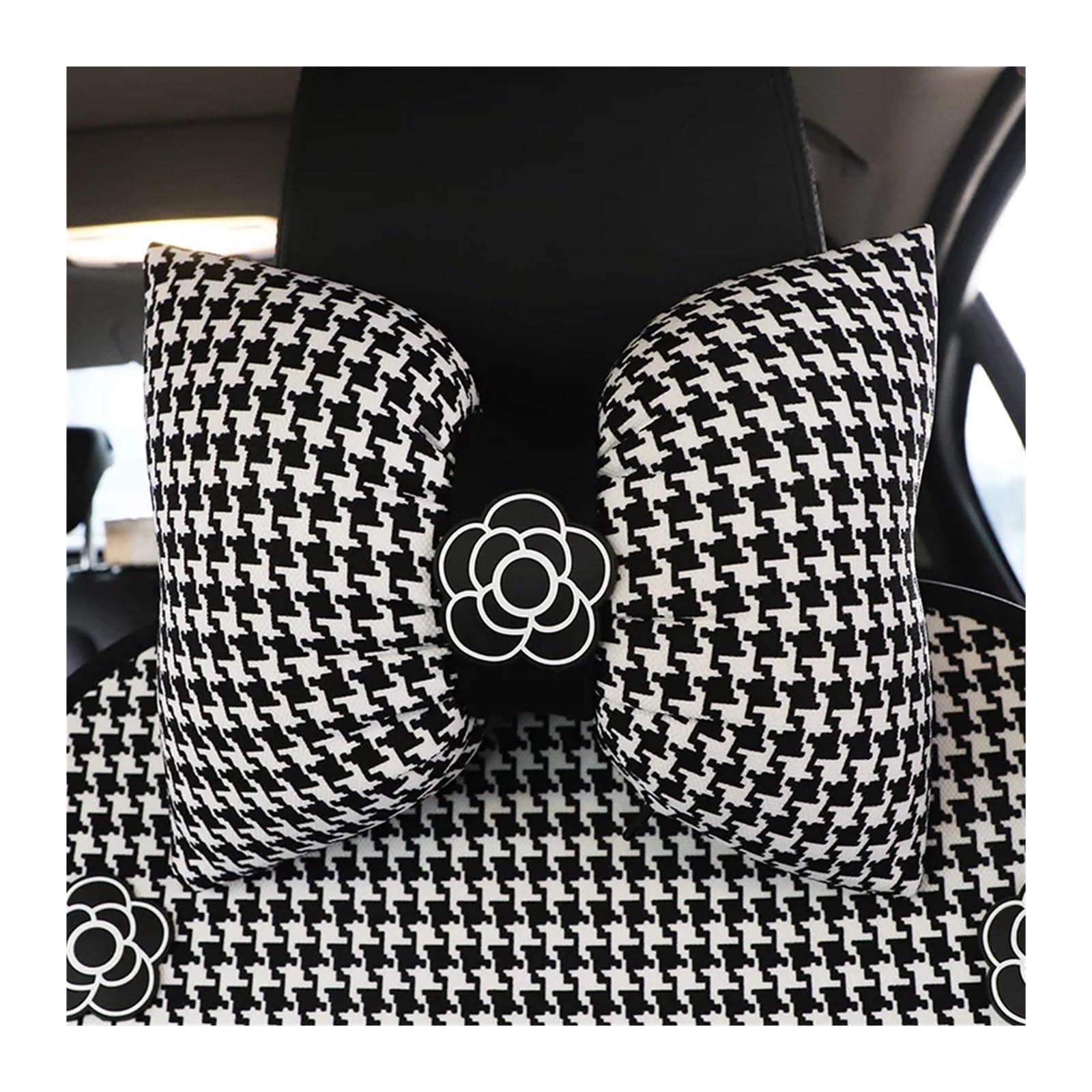Fashion Classic Plaid Bow Car Accessories Camellia Flower Universal Car Seat Covers Breathe Cushion Pad Four Seasons Seat Mats (Color : 1pc Neck Pillow)
