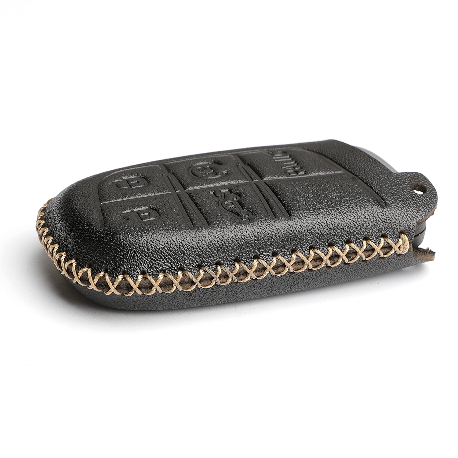 WFMJ Leather for Jeep Grand Cherokee Dodge Challenger Charger Dart Durango Journey Chrysler 300 Remote 5 Buttons Key Fob Case Cover Keychain Chain (Black)