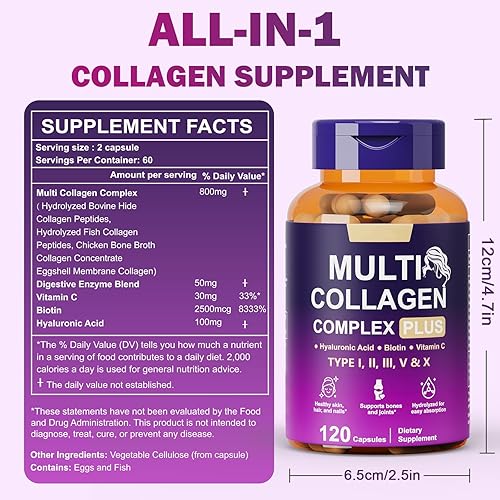 Miniatura 7 de Multi Coollagen Suplemento para mujeres y hombres, apoya el crecimiento del cabello, piel, uñas, salud ósea, con ácido hialurónico, biotina y