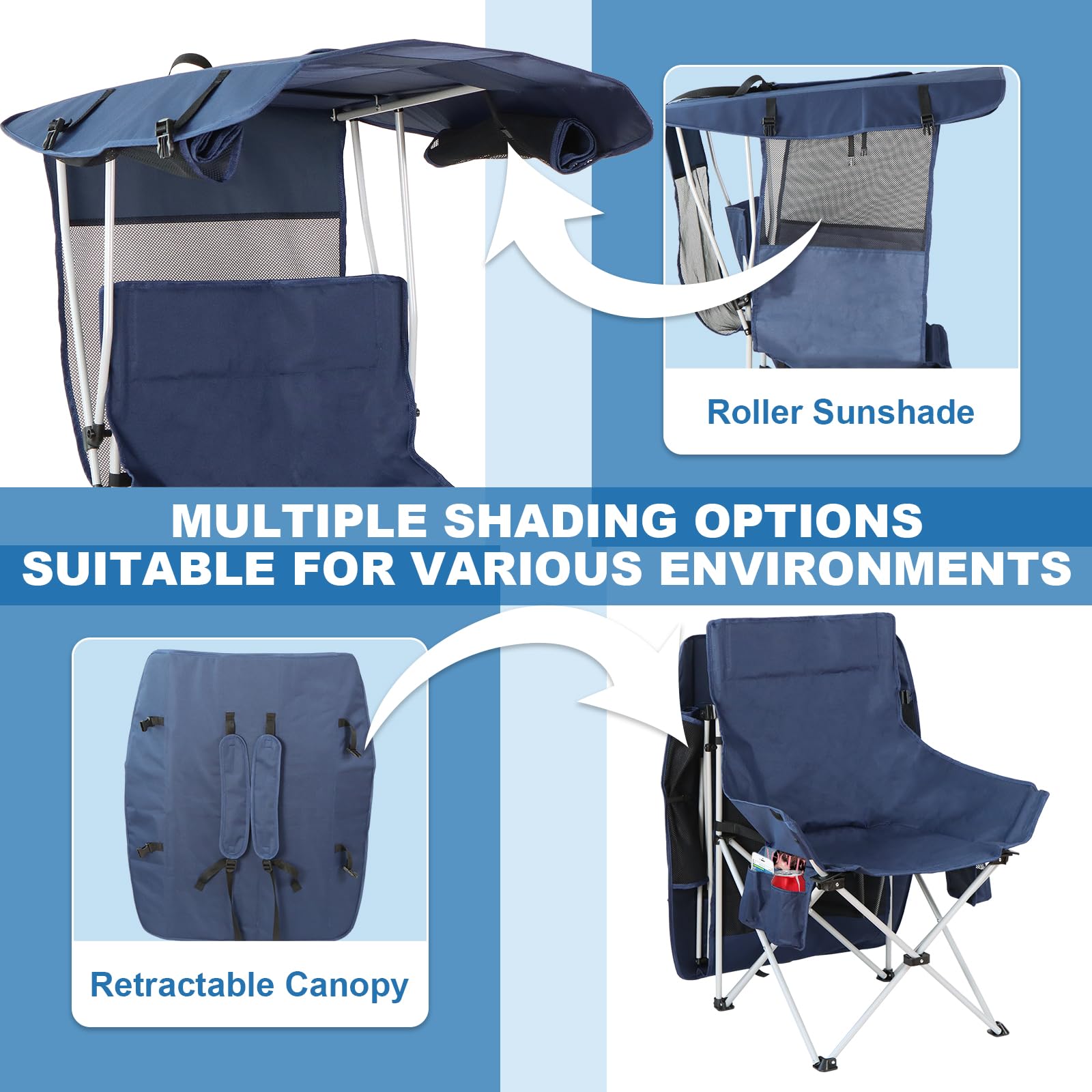 Sillas plegables de camping al aire libre: silla de playa portátil deportiva con toldo, sillas de playa con sombrilla para adultos, silla de camping con sombra para campamento de pesca, resistente