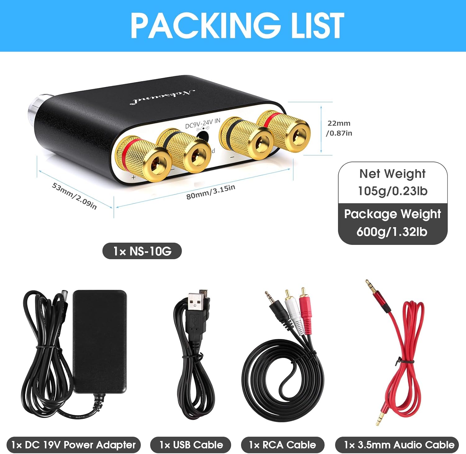 Nobsound NS-10G amplifier connected to speakers and a smartphone via Bluetooth