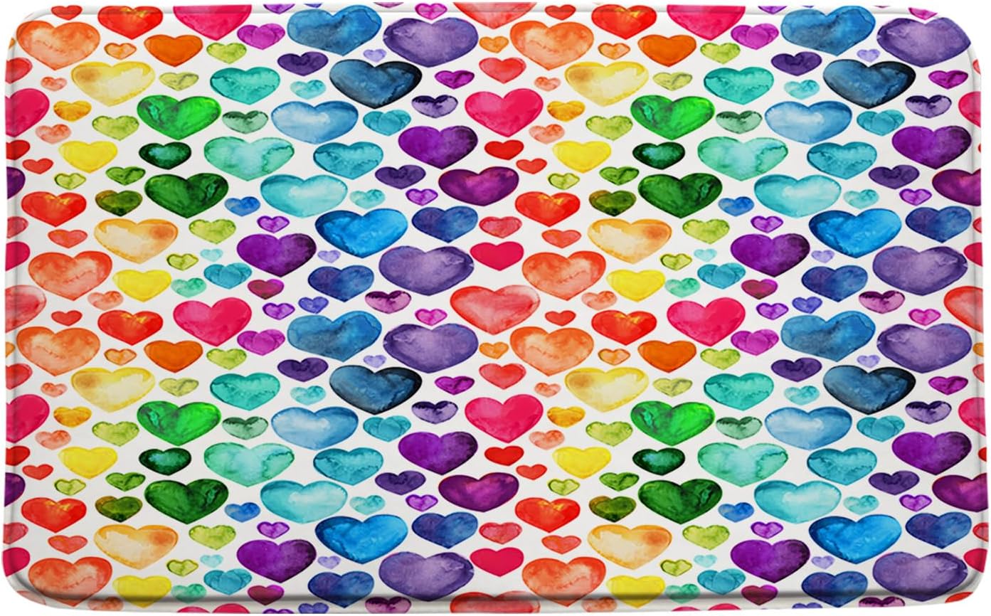 Heart Bath Mat Valentines Colorful Heart Watercolor Sweet Love Romantic Blue Red Yellow Bathroom Kitchen Rugs,24"x60"