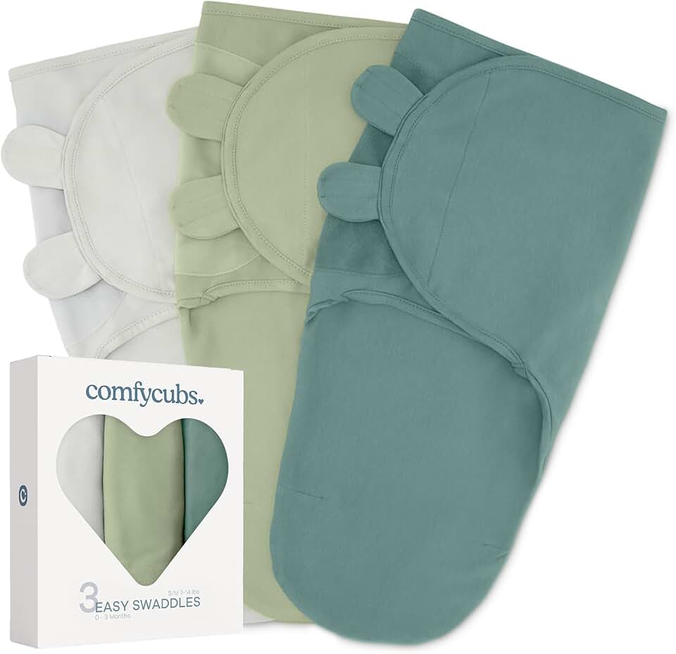 Comfy Cubs Easy Swaddle Blanket, 3 Pack - 100% Cotton Newborn Wrap, Small for 0-3 Months Infants, Breathable and Durable Sleep Sack for Babies - Stone, Sage, Azul