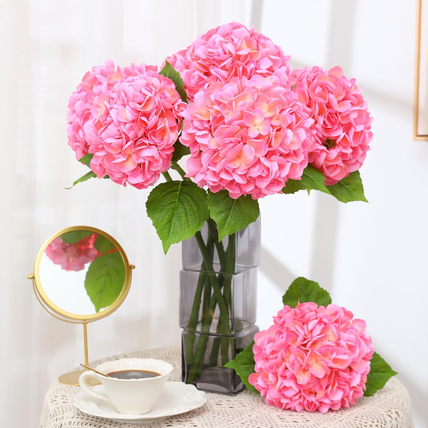 Nubry 4Pcs Pink Hydrangea Artificial Flowers, 22.5In Latex Faux Real Touch Large Hydrangea Flowers with Long Stems & Leaves for Home Office Decor Wedding Party Arrangements(Pink)