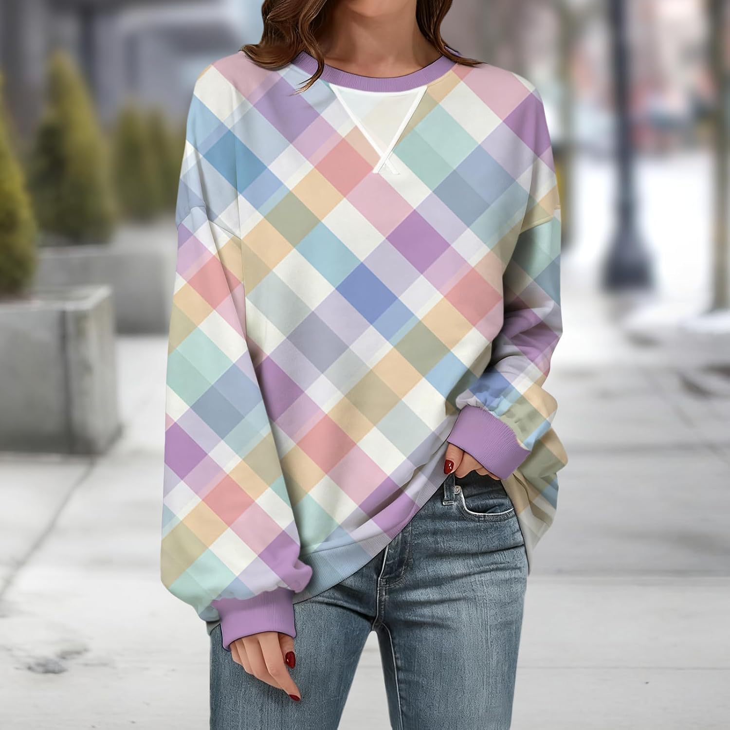 Striped Sweatshirts for Women Plus Size Long Sleeve Comfy Crewneck Pullover Tops Color Block Casual Jumper - Image 2