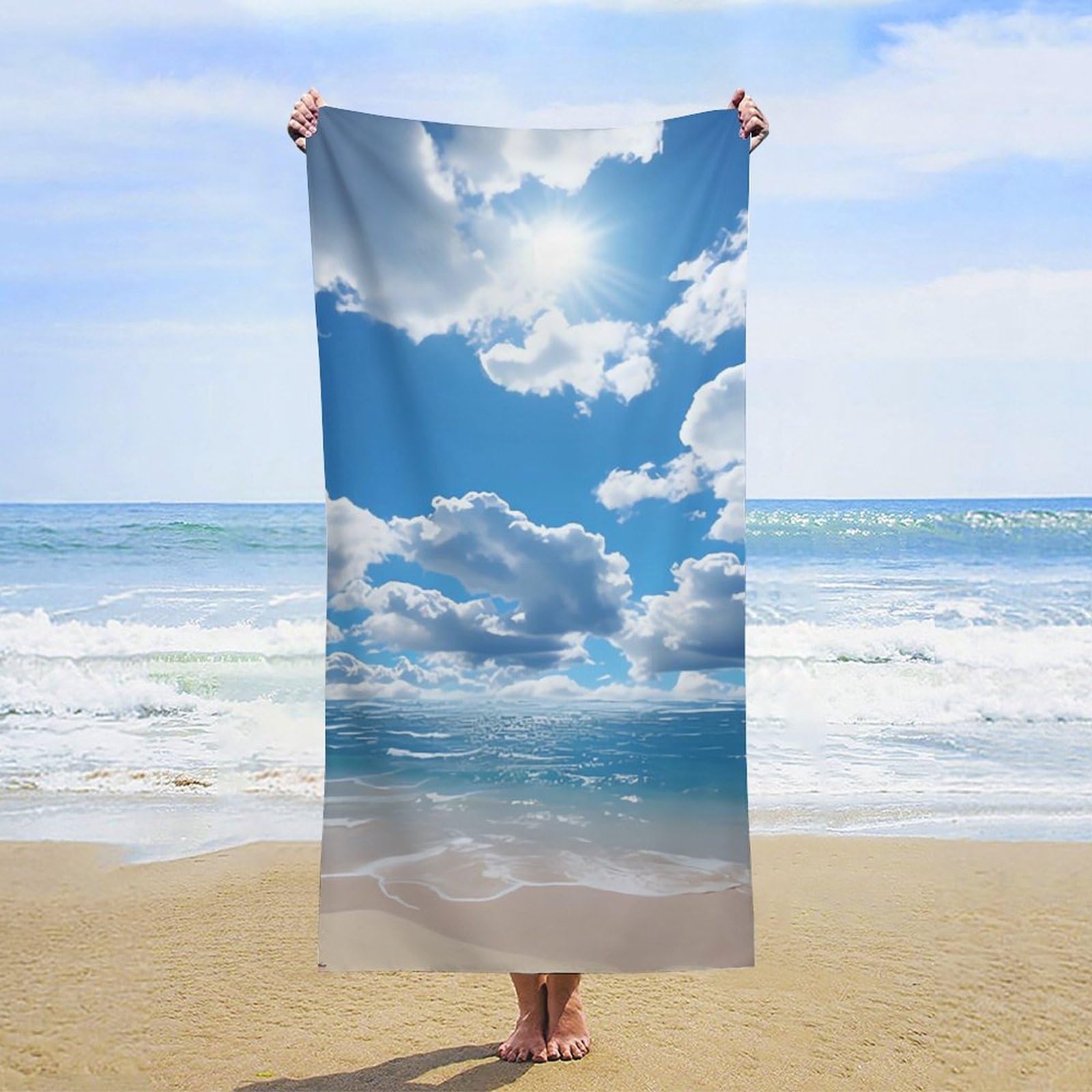 NTVOWPZO Ocean and White Cloud Beach Towel Oversized Microfiber Bath Towels Lightweight Sand Proof Beach Towels Absorbent Pool Towels for Swimming Yoga Bathroom Towel 31.5" X 63"
