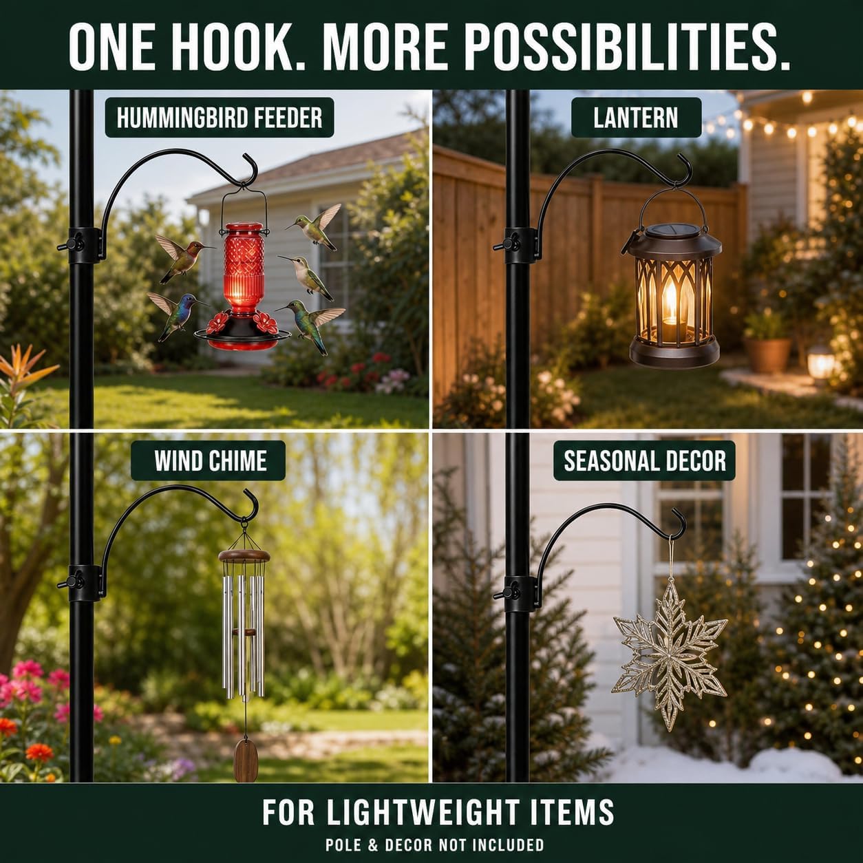 4 Pack Shepherds Hooks for Outdoor String Light Poles, Garden Hook kit | for Hummingbird Feeder, Lanterns, Plants