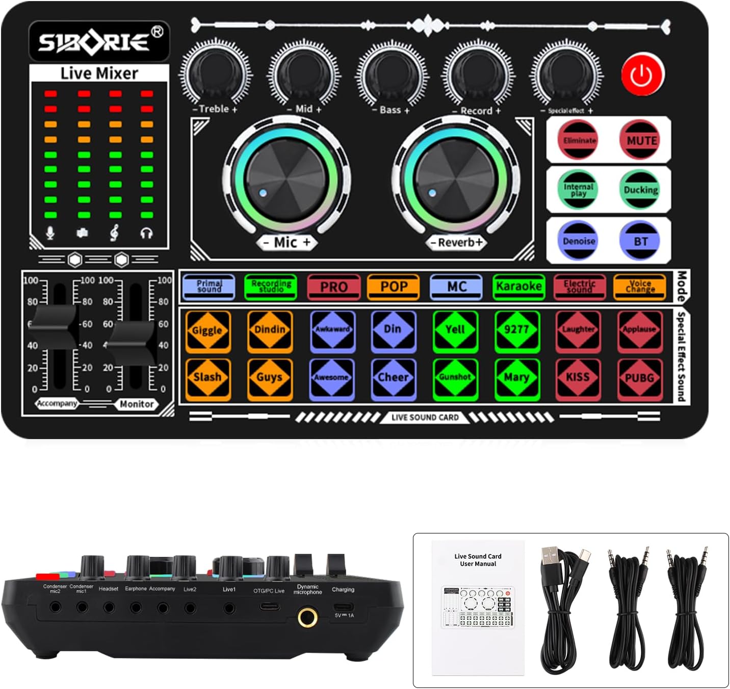 F999 Live Sound Card with DJ Mixer Effects & Voice Changer,Sound Card for Live Streaming, 16 Special Effects Ambient Sounds, LED Light Voice Changer(Black0)