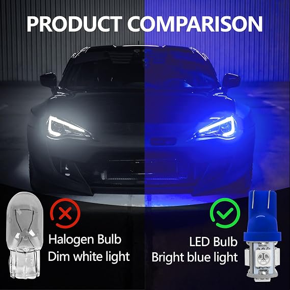 wuyaoyao 10PCS 194 LED Light Bulb, 6000K T10 168 W5W 2825 5SMD 5050 Chips LED Replacement Bulbs, 12V Wedge LED Light Bulb for Car Dome Interior Map Door Courtesy License Plate Lights (Blue)