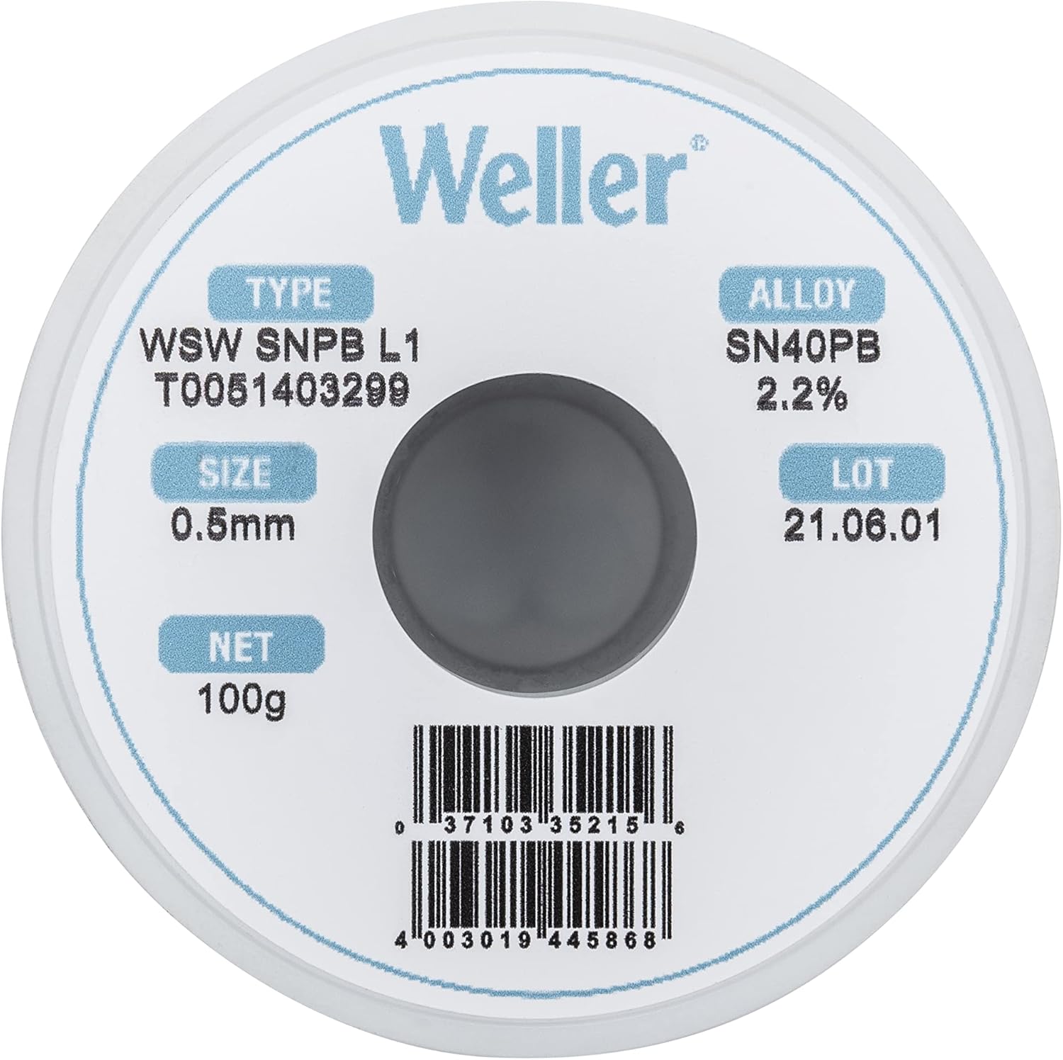 Weller WSW SnPb (T0051403299) Solder Wire, Dia: 0.5 mm / 0.020 in, Wt: 100 g / 3.527 oz, Alloy Sn60Pb40, Flux content 2.2%