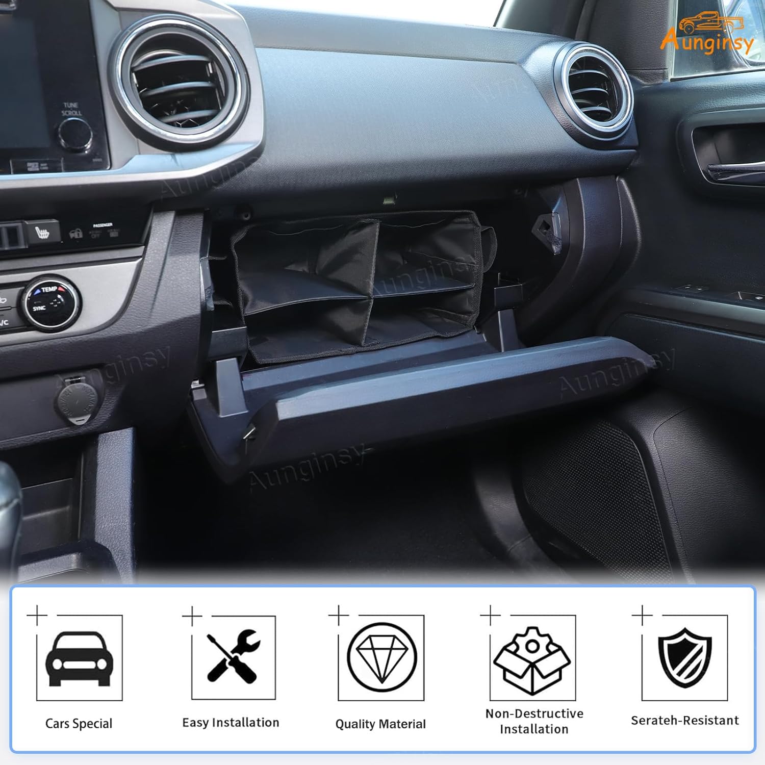 Aunginsy Center Console Glove Box Divider Organizer Compatible with Toyota Tacoma 2016-2023 Passenger Side Glove Divider Box Storage Bag Compartment Partition Insert Tray Secondary Storage Accessories