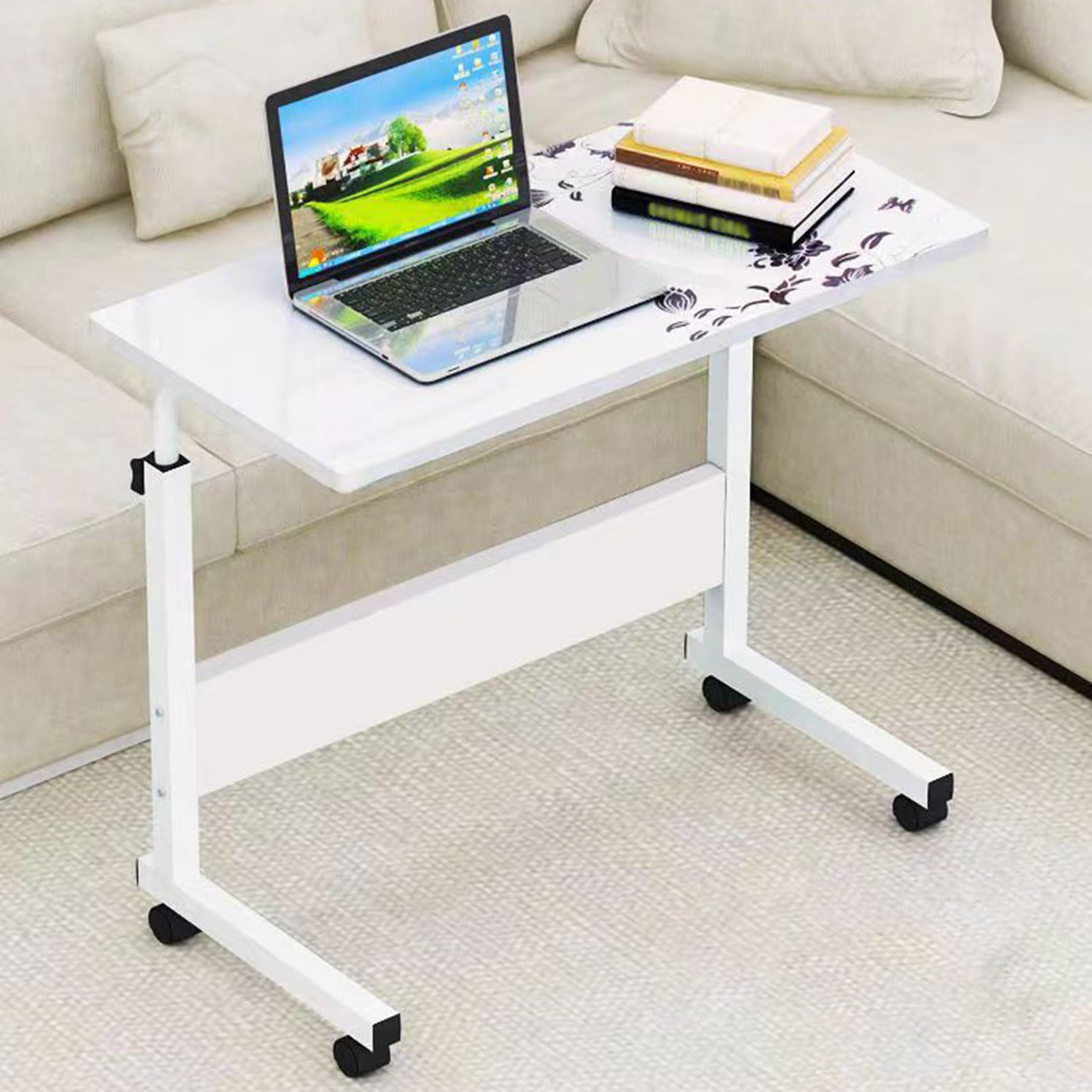 Tavolino da letto regolabile in altezza con ruote, scrivania portatile a forma di C per mangiare e lavorare da casa, tavolo leggero e versatile per hobby e attività