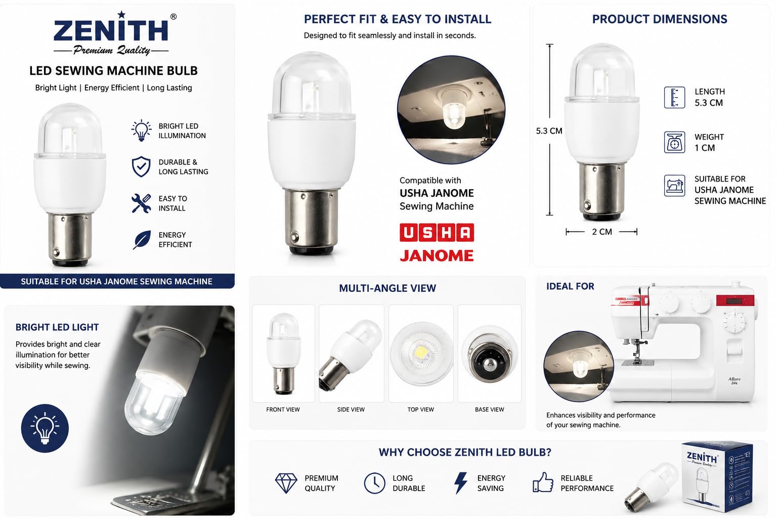 ZENITH Pin Type LED Bulb for Domestic Front Loading Electric Embroidery & Sewing Machines (Pack of 2) | Bright White LED Light | Energy Efficient | Easy Installation | Long Lasting Sewing Machine Bulb — Amazon image 3