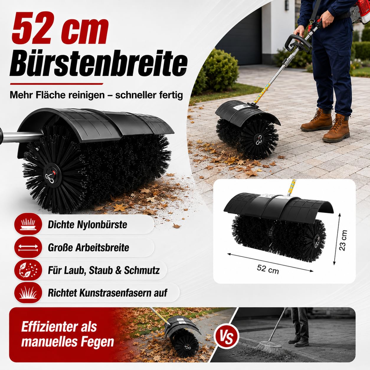 52cc Kehrmaschine Benzin, 2-Takt Motorbesen mit 2,3 PS & 8.500 U/min | 52 cm Kehrbreite, inkl. Tragegurt und Schutzbrille – Benzin-Kehrbesen für Hof, Einfahrt, Gehweg und Kunstrasen