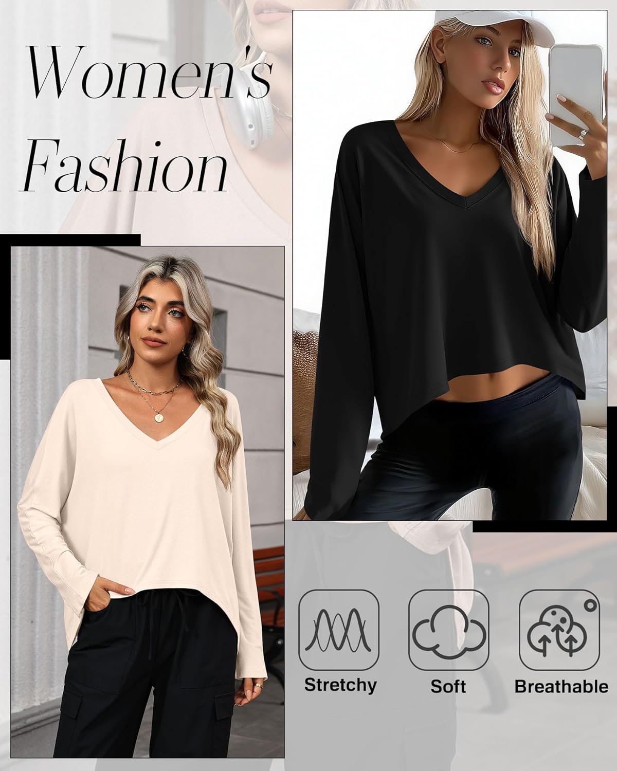 Huukeay 3 Pack Women's Long Sleeve Cropped Shirts V Neck Irregular Hem Oversized Tops Loose Casual Outfit Tees Fall Clothes - Image 5