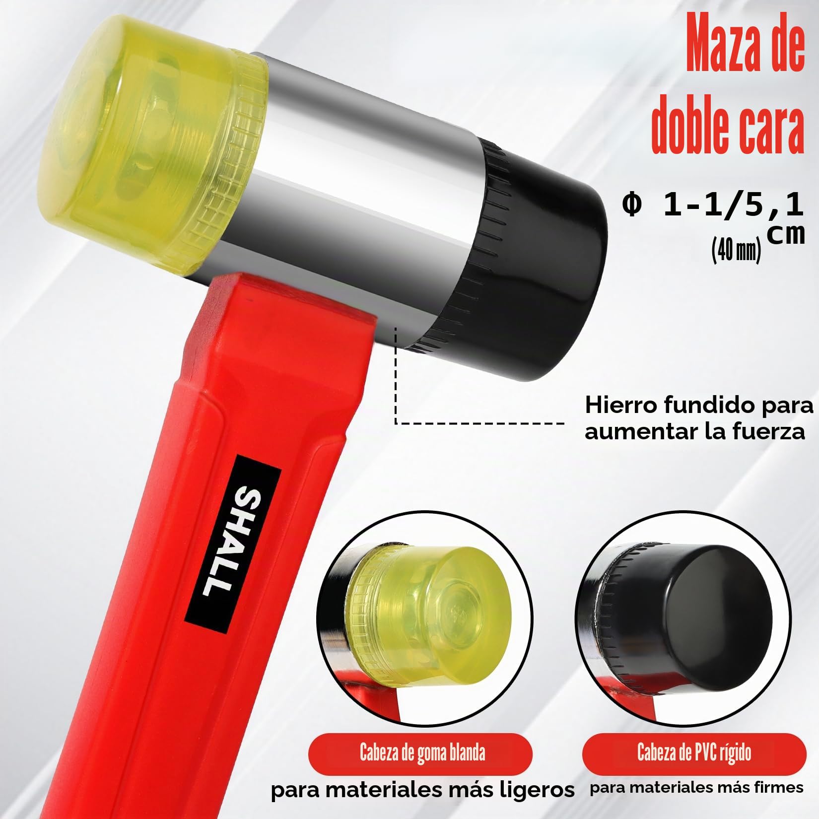 SHALL Juego de martillos de goma de 2 piezas, mazo de goma de 16 oz y mazo suave de doble cara de 40 mm, mango de fibra de vidrio a prueba de golpes con agarre acolchado