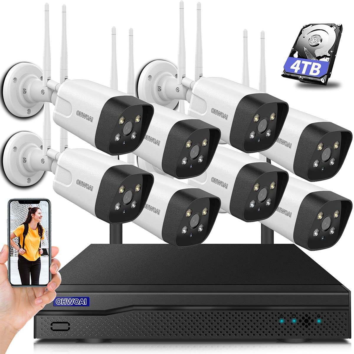 【3K,60 Days Storage】 Wireless Security Camera System,8Pcs 5.0MP CCTV Home Wi-Fi IP Cameras,8 Channel 5.0MP NVR,OHWOAI HD S...
