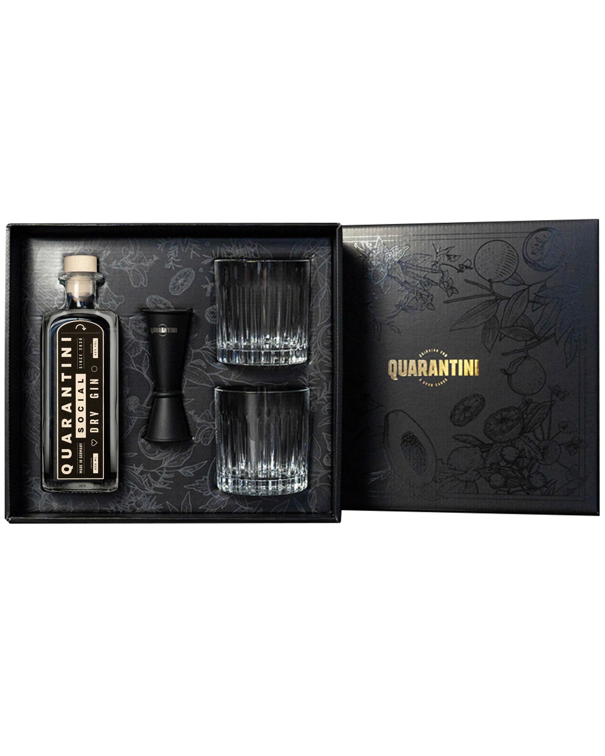 Quarantini Dry Gin 42% Vol. (500 ml Geschenkset) – mit aromatischen Botanicals aus Papaya, Bergamotte und Pomeranze