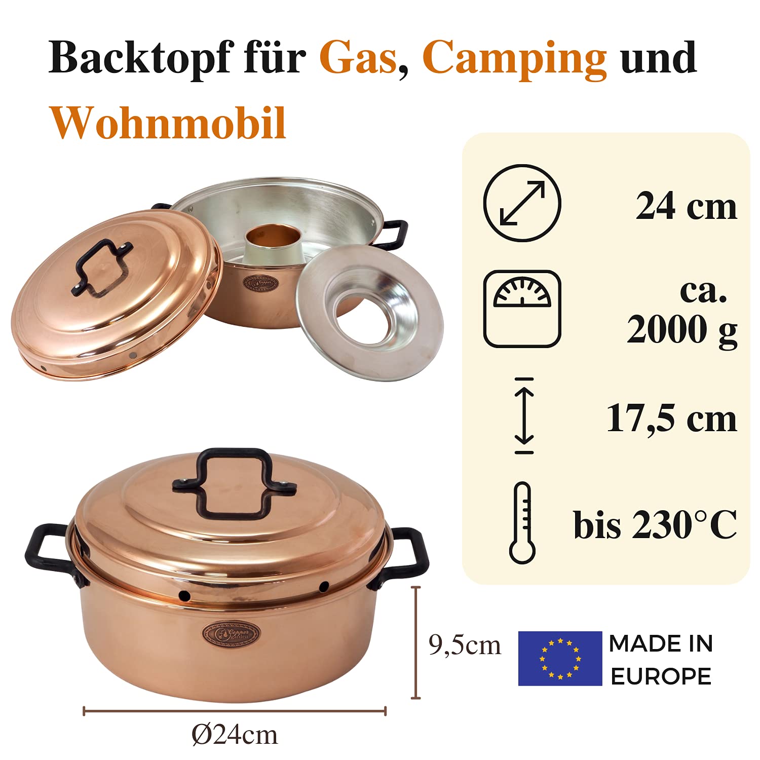 CopperGarden Aura24 Backtopf aus Kupfer I Kupfertopf für Camping/Gasherd/Grill & Lagerfeuer I Kupferkochtopf für 2-4 Personen I Brot-Topf mit 24 cm Durchmesser I Bräter mit Deckel