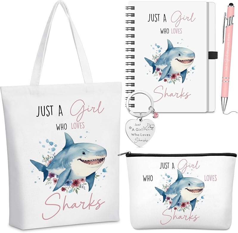 Ceenna Kit com 5 peças de tubarão: bolsa de lona, necessaire, chaveiro, caderno espiral A6 e caneta
