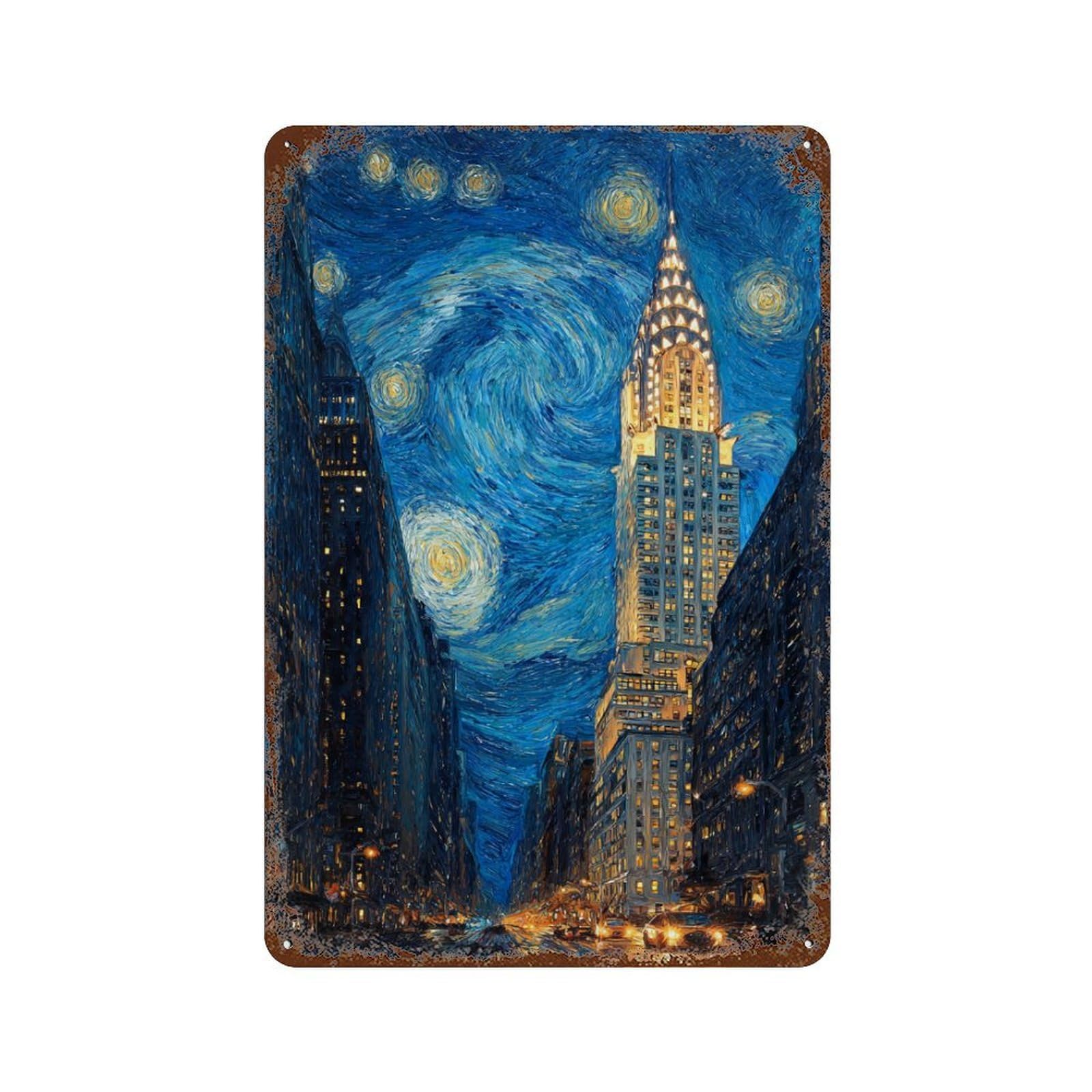 Starry Night Cityscape -1 Weathered Tin Sign 11.8"x7.9", Decorative Metal Wall Art for Garage, Bar And Workshop Decor