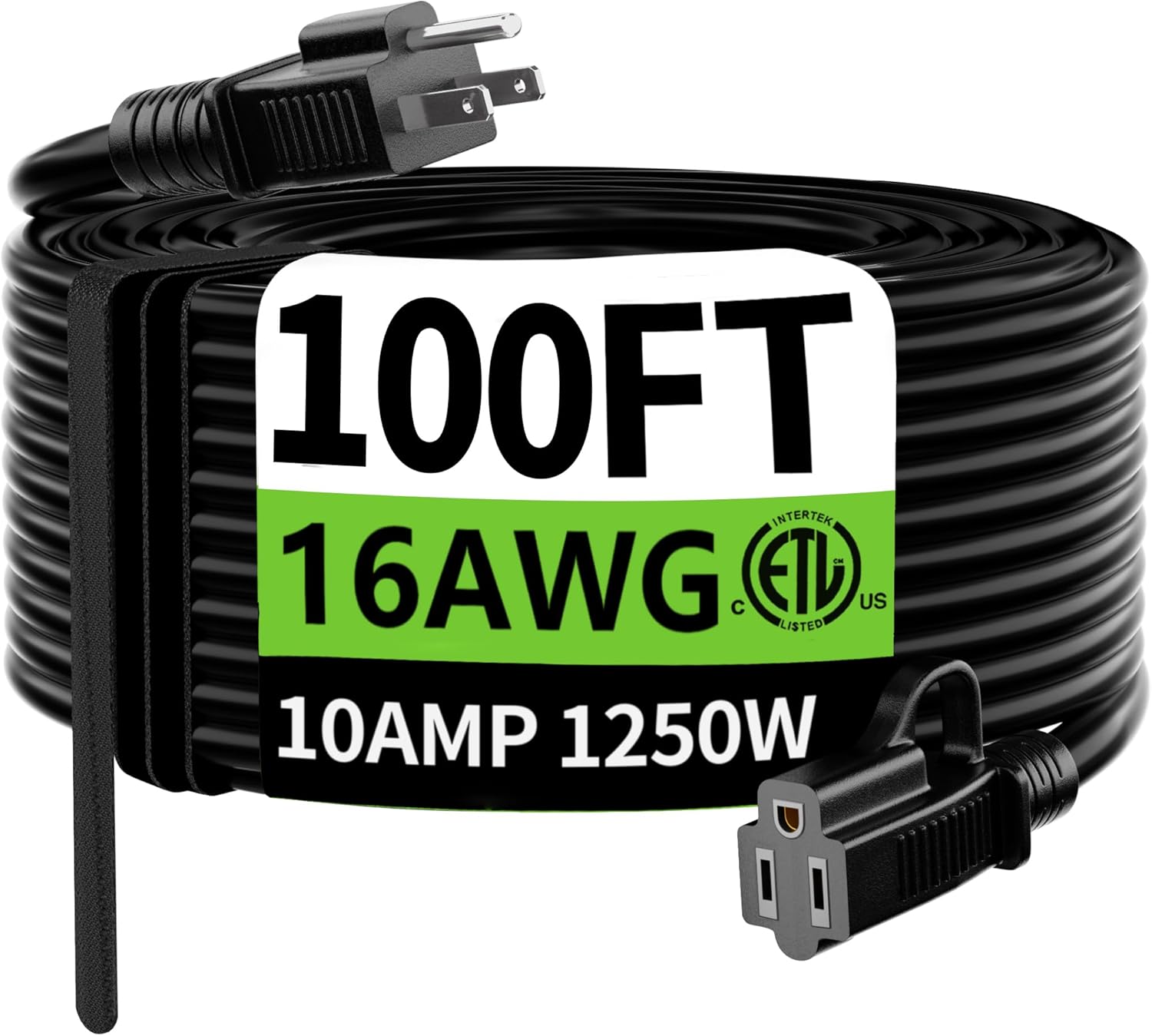 HUANCHAIN Indoor Outdoor Black Extension Cord 100 ft Waterproof, 16/3 Gauge Flexible Cold-Resistant Appliance Extension Cord Outside, 10A 1250W 16AWG SJTW, 3 Prong Heavy Duty Electric Cable, ETL Black 100FT