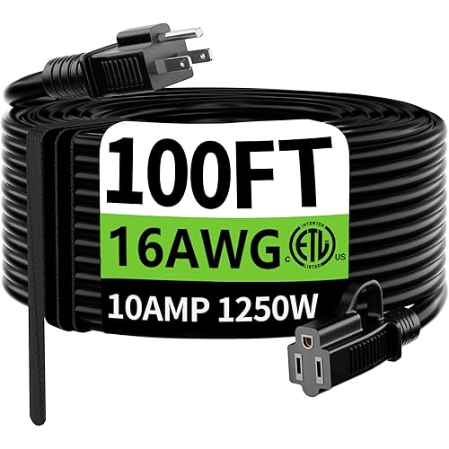 HUANCHAIN Indoor Outdoor Black Extension Cord 100 ft Waterproof, 16/3 Gauge Flexible Cold-Resistant Appliance Extension Cord Outside, 10A 1250W 16AWG SJTW, 3 Prong Electric Cable, ETL