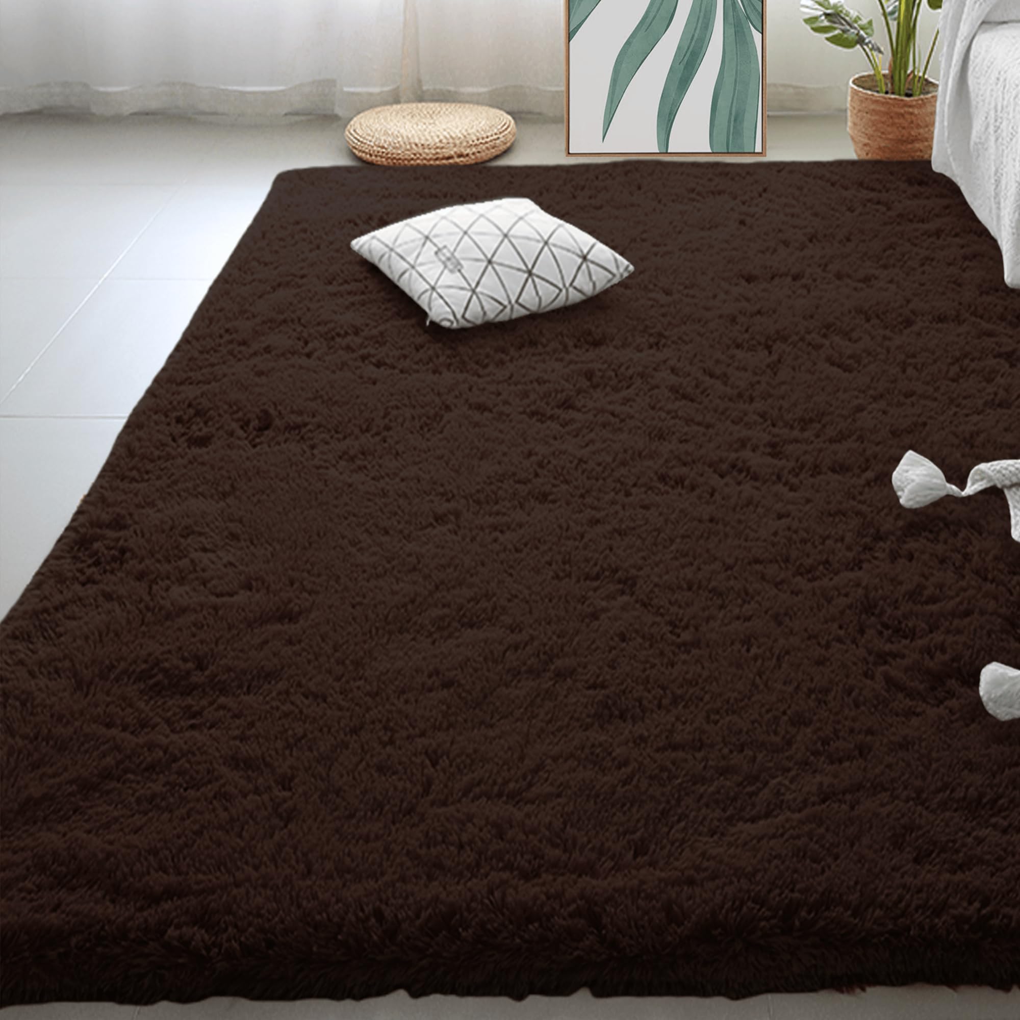 Tapis de salon moelleux brun 110x270 cm à poils longs pour couloir