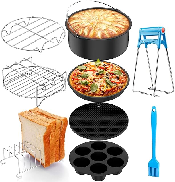 Air Fryer Accessories Set, 9 Pcs Cooking and Baking Set Include Pizza Pan/Egg Tart Mould/Cake Basket/Skewer Rack/Steaming Rack/Toast Rack/Silicone Pad/Clip/Oil Brush for Most QT Air Fryer(7 inch)