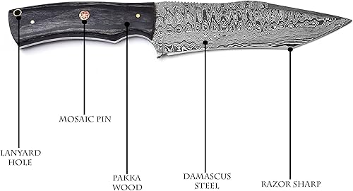 Miniatura 7 de Cuchillo de caza hecho a mano de Damasco para acampar al aire libre 11 pulgadas hoja fija de acero de Damasco con mango de madera de Pakkawood negro