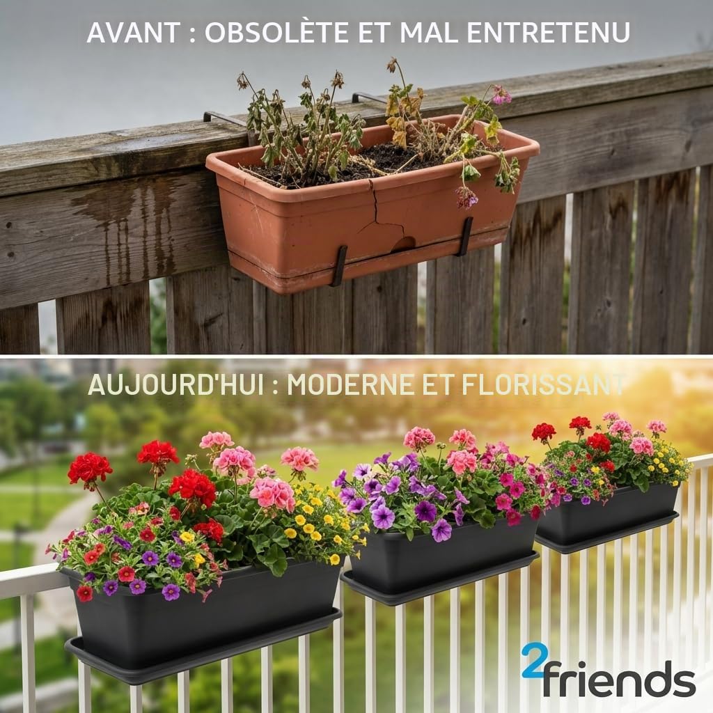 SUSTANIA 2friends Lot de 6 jardinières de balcon 80 cm avec soucoupe, en plastique, fabrication européenne, anthracite