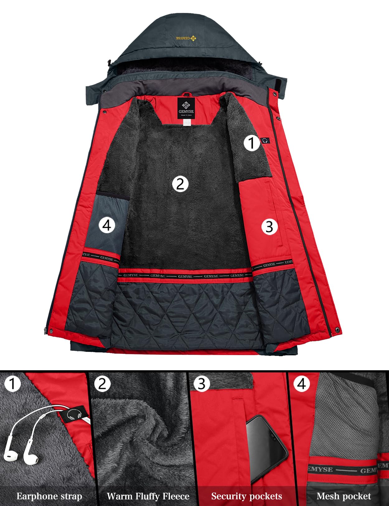 GEMYSE Uomo Giacca da Sci impermeabile montagna Giacche Pile invernale antivento Cappotto con Cappuccio