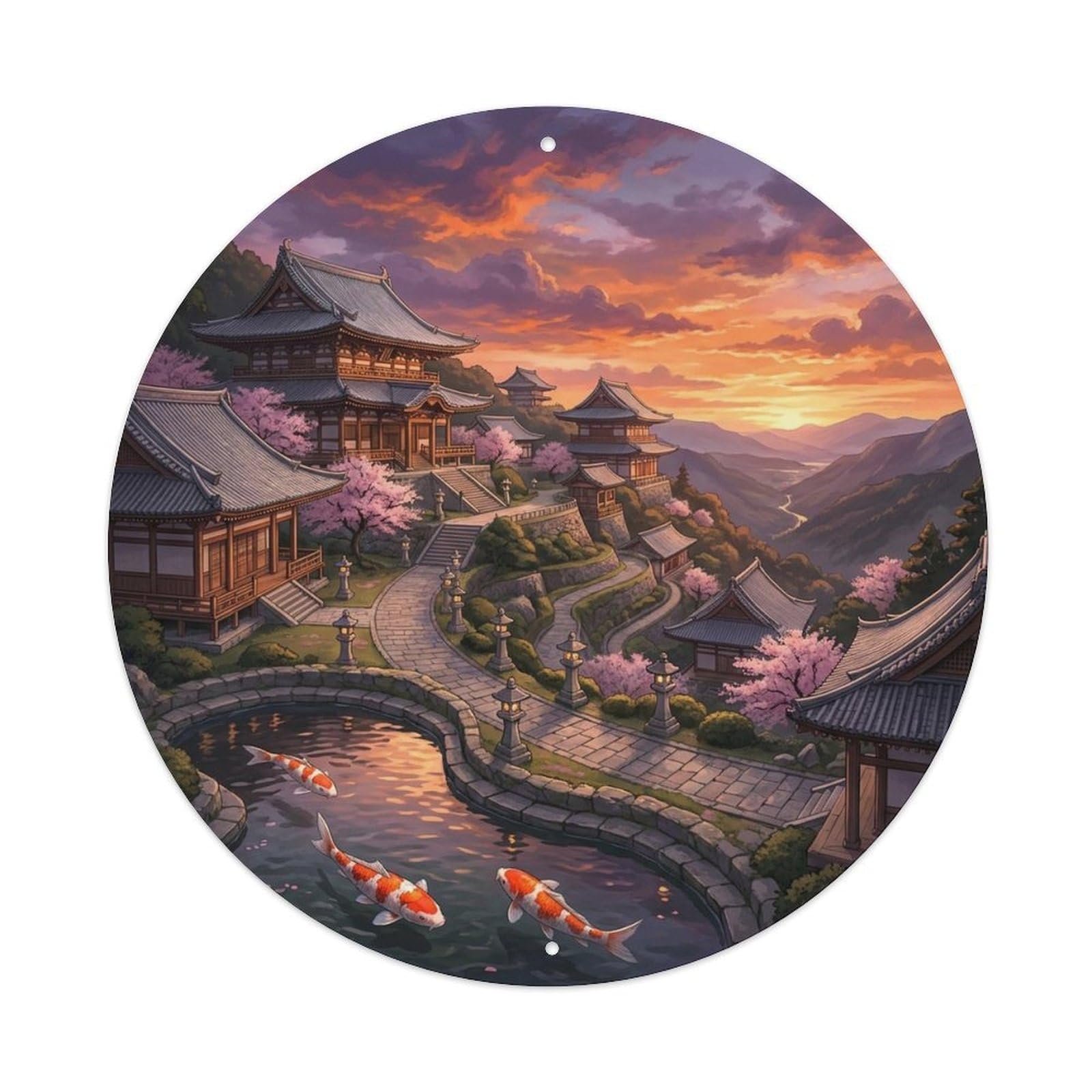 Olyhtr 8X8inch Classic Style Temple Pond Water Japanese Garden Koi Vintage Metal Tin Sign
