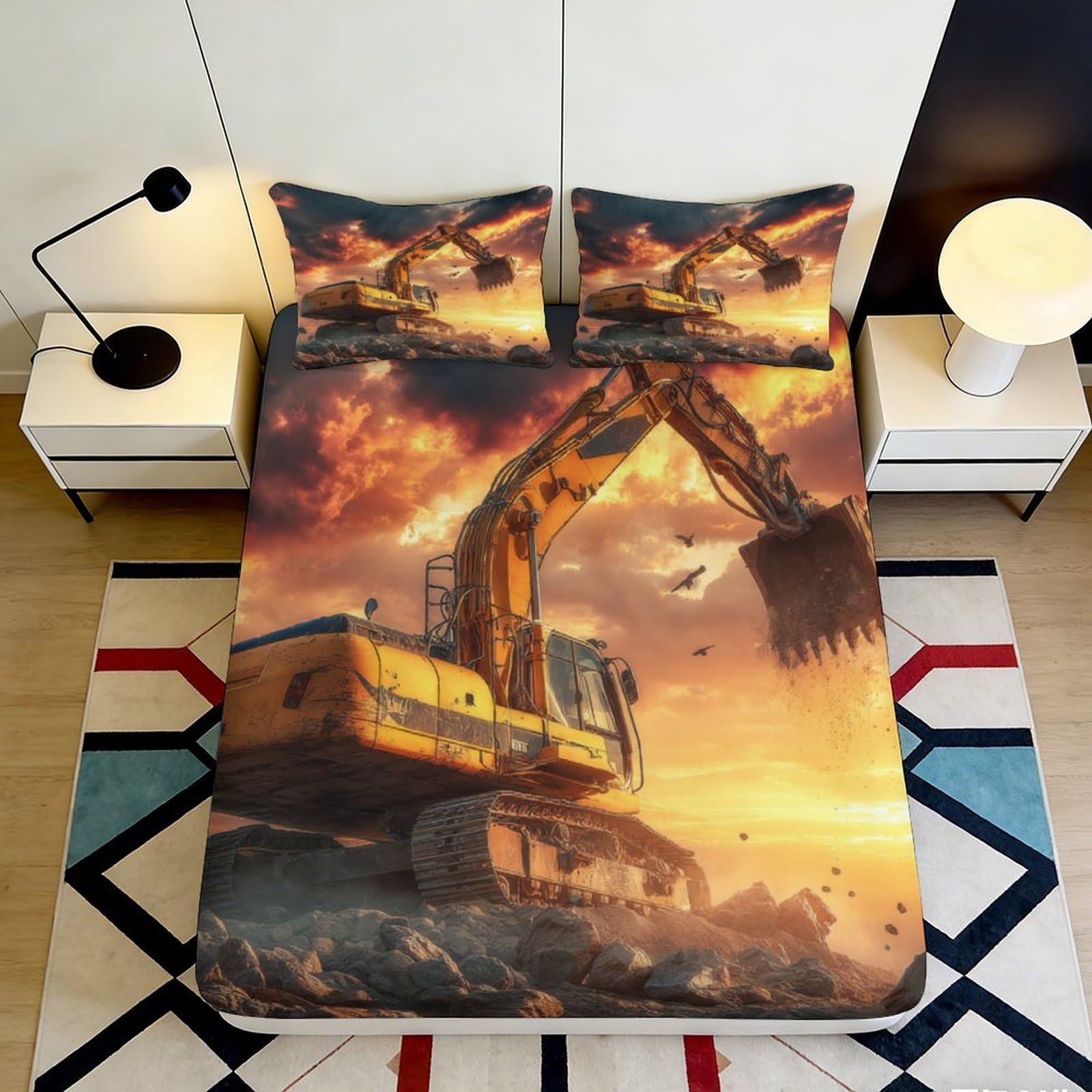 Zfldkwgb Style-7 3D Printed Excavator Sunset Fitted Sheet Microfiber Soft Breathable Construction Machinery Bed Cover For Bedroom Dorm Mattress Protection Decor 90X200x25cm