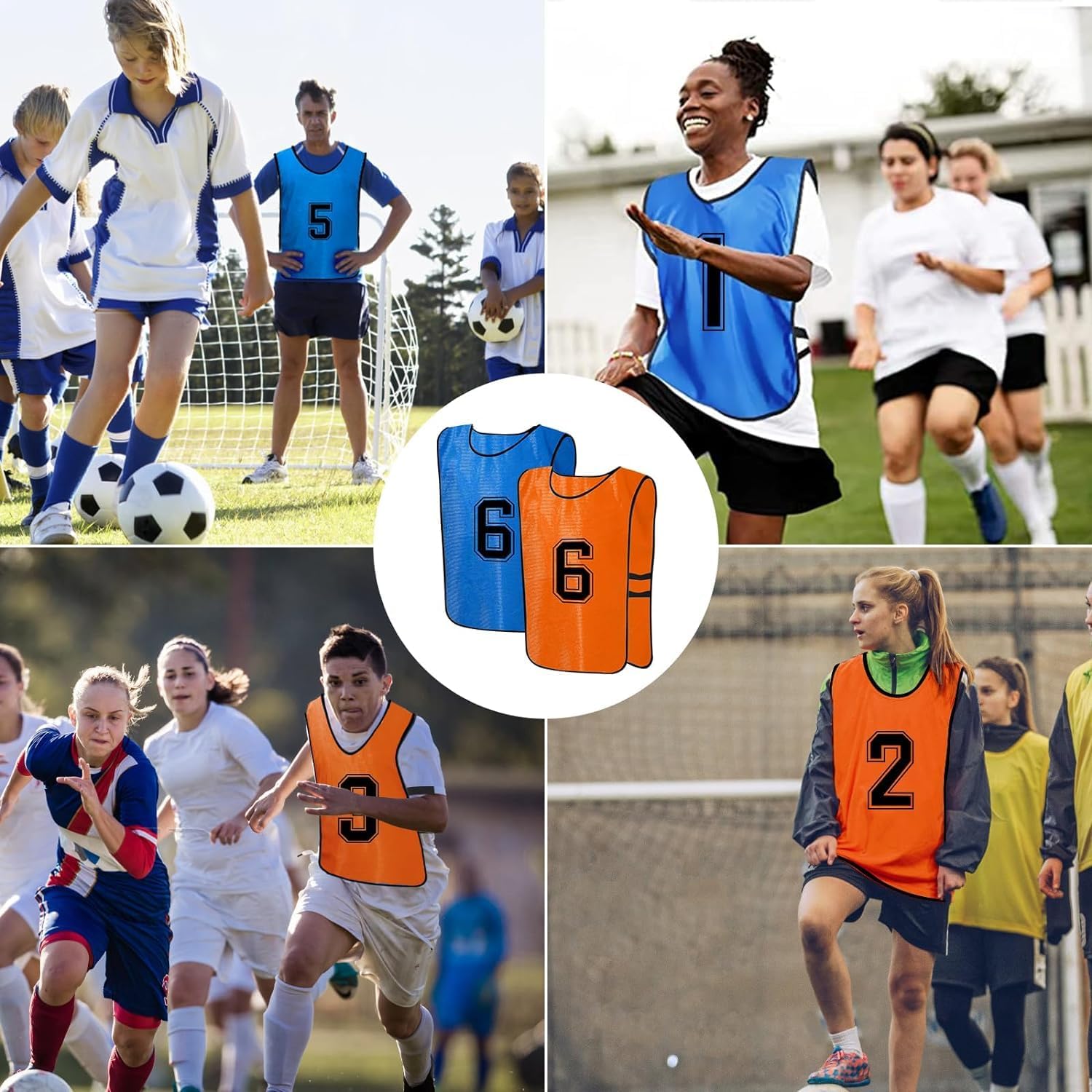 12 Chasubles de Football Enfants, Maillots d’Entraînement Réversibles Numérotés – Gilets de Sport en Maille pour Basket, Foot, Volley, Rugby – Bleu et Orange