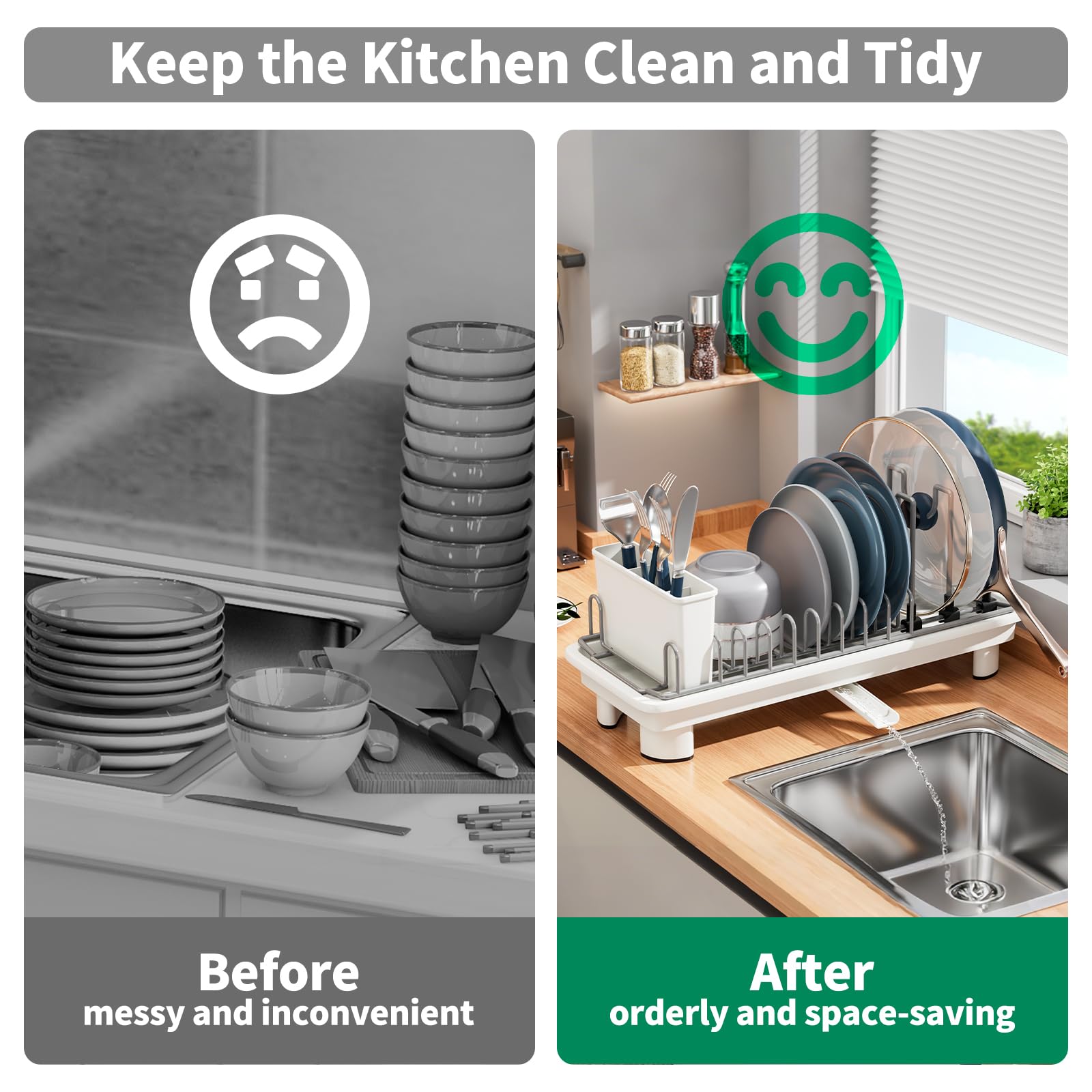 SanDream Escurridor de platos pequeño, estante compacto para encimera de cocina con soporte extraíble para cubiertos, boquilla giratoria de 360°, escurridor de platos multifuncional de acero